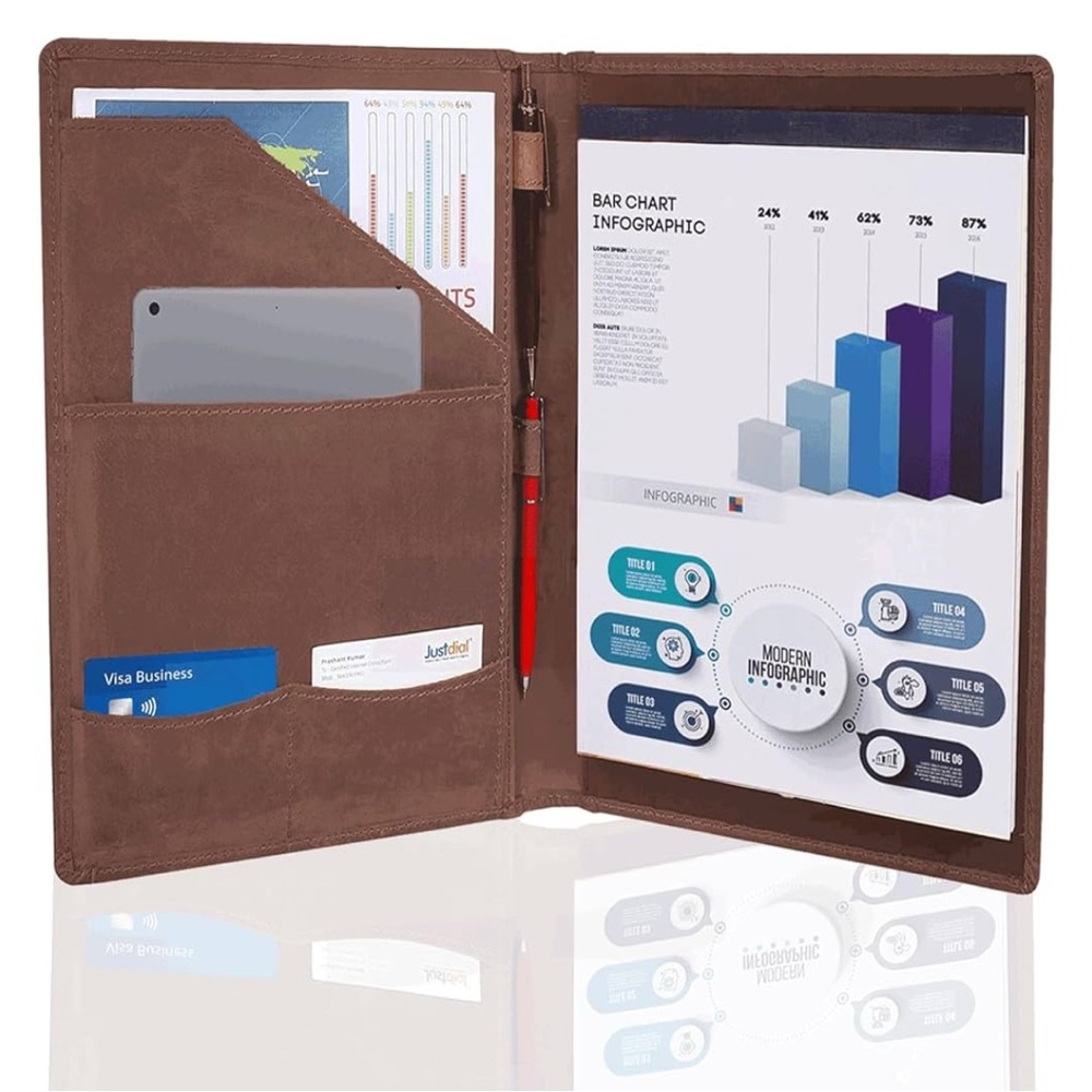 Succor Genuine Leather Portfolio | Leather Binder | A4 Padfolio | Hunter Brown
